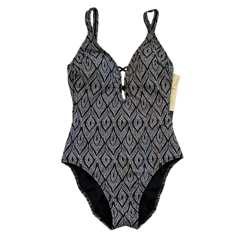 Profile by Gottex “Plume” V‑Neck Deep Plunge One Piece Swimsuit E25112074 Black